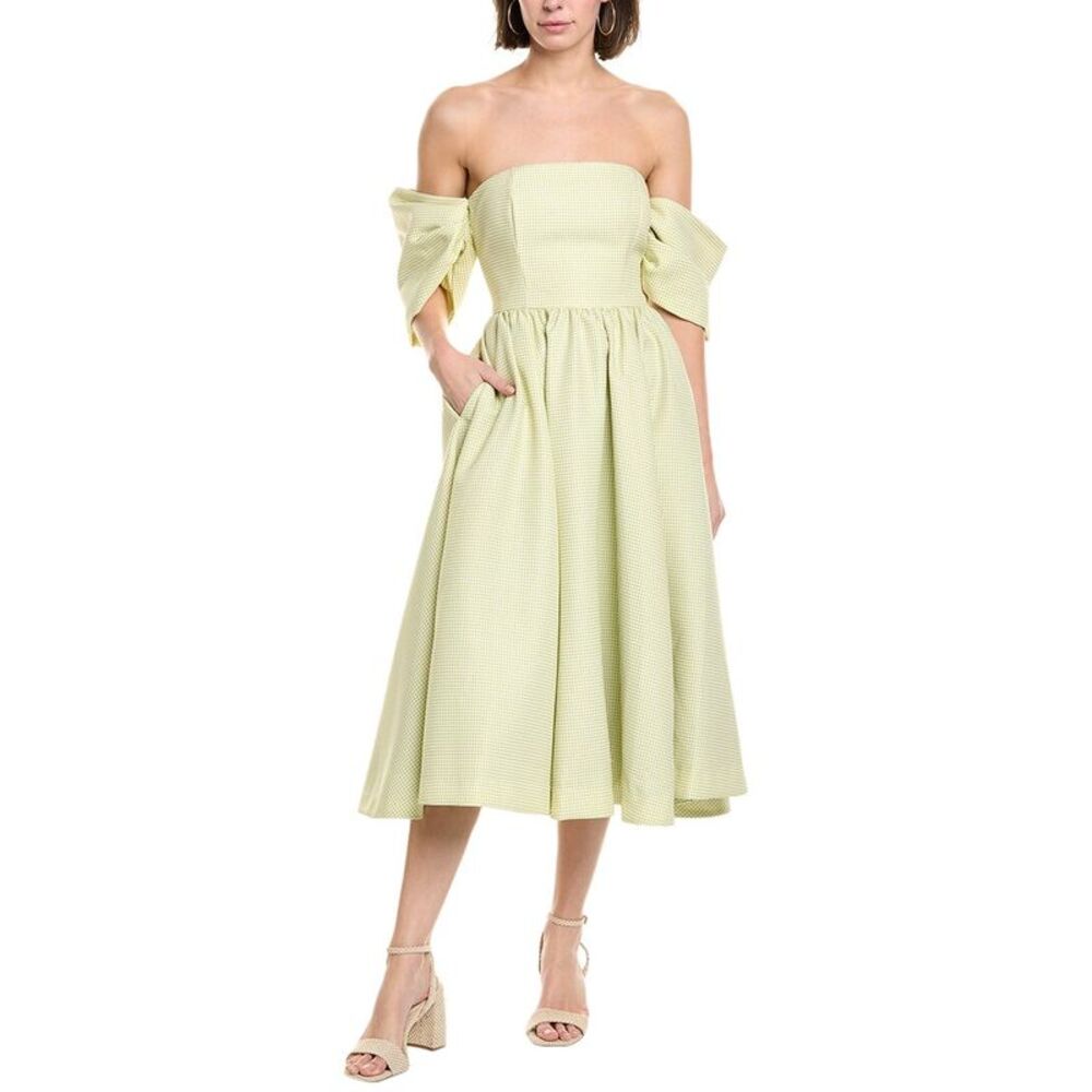 Green Puff Sleeve Off-Shoulder Midi Dress